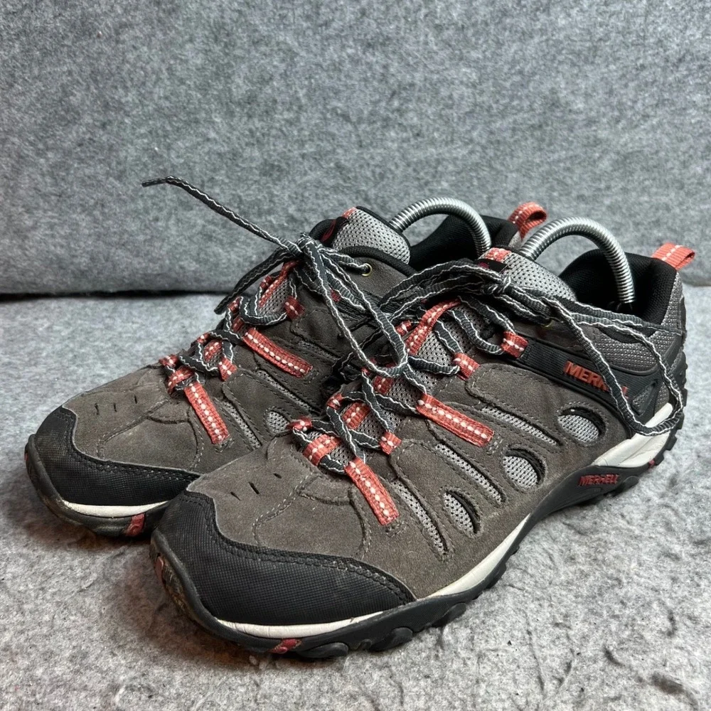 Merrell Mens Hiking Shoes Grey Orange Suede Mesh Low Top Trail Sneakers Size 9.5